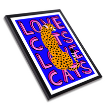 Load image into Gallery viewer, LOVE CATS LEOPARD ON DEEP BLUE TYPOGRAPHY ART POSTER - A4