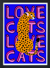 Load image into Gallery viewer, LOVE CATS LEOPARD ON DEEP BLUE TYPOGRAPHY ART POSTER - A4
