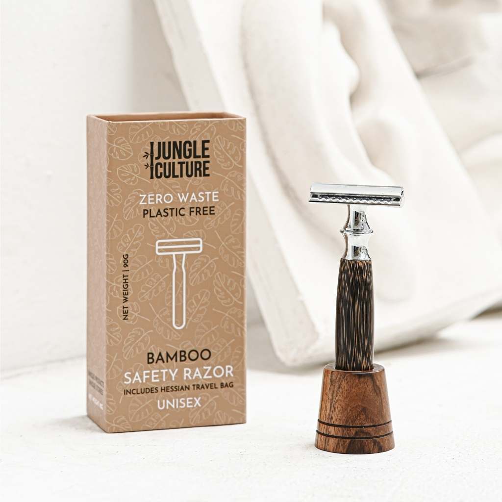 ***NEW*** Reusable Bamboo Safety Razor w/ Natural Jute Travel Pouch + Kraft Paper Gift Box (Unisex) - Thick Dark