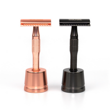 Load image into Gallery viewer, ***NEW*** Rose Gold Reusable Safety Razors w/ Natural Jute Travel Bag (Stand option)
